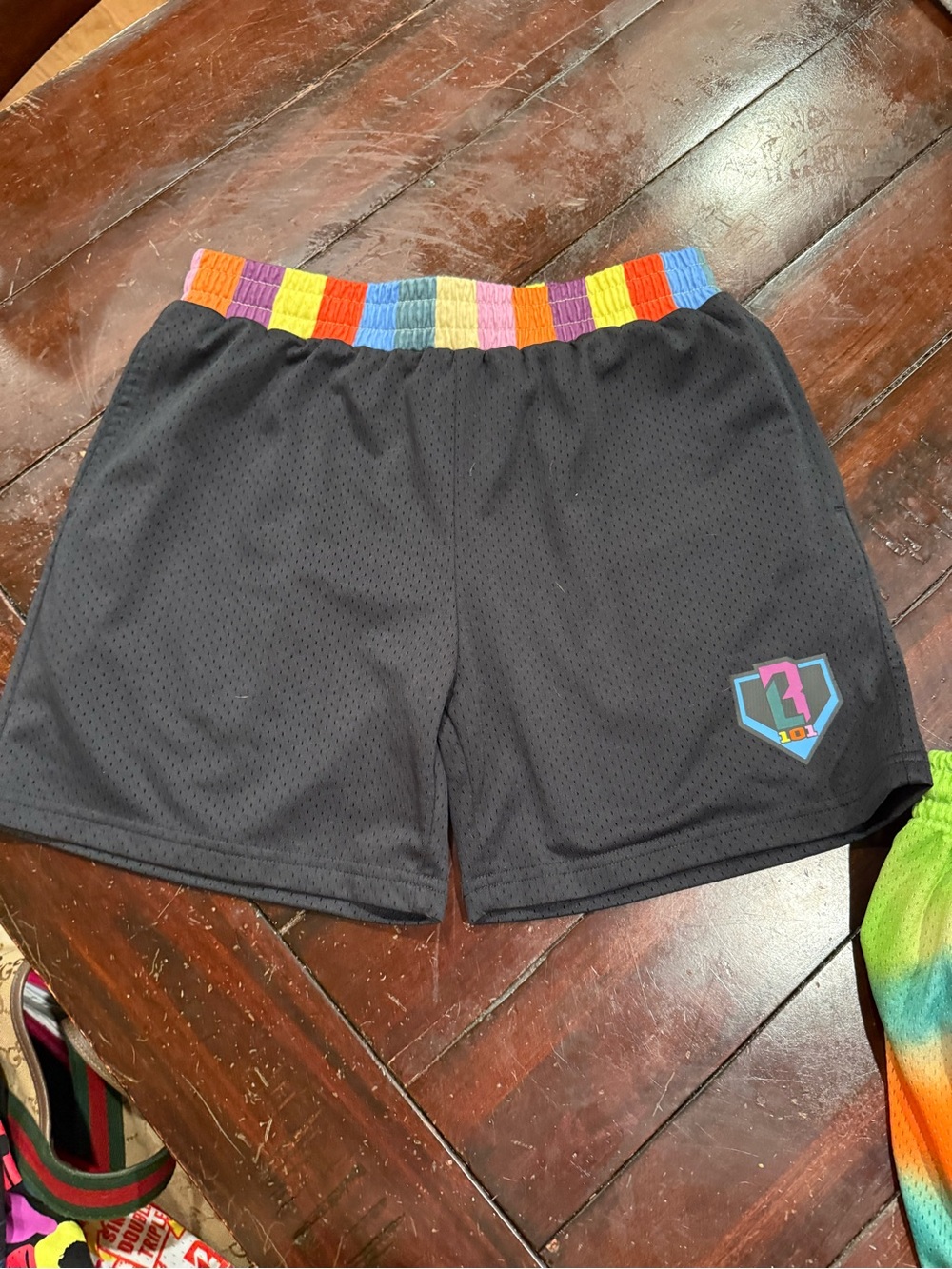 Boys Black Mesh Shorts with Rainbow Elastic Waistband